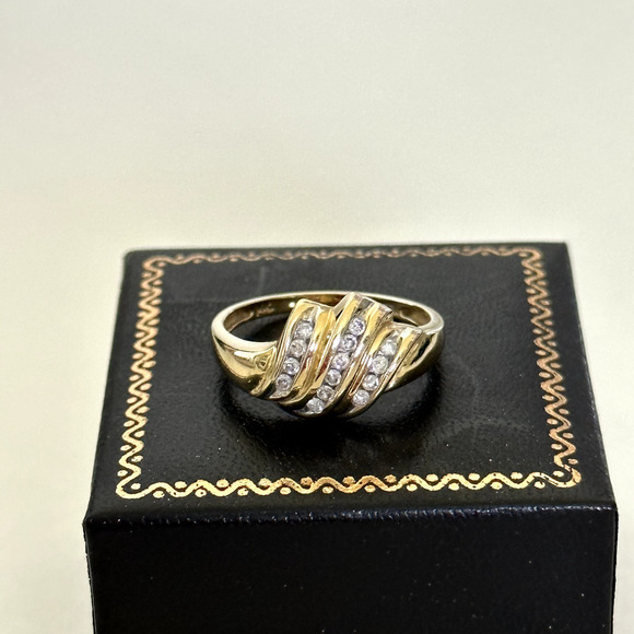 14K Yellow Gold Natural Diamonds Triple Row Wave Ladies Band Ring Size 10 - Picture 2 of 16